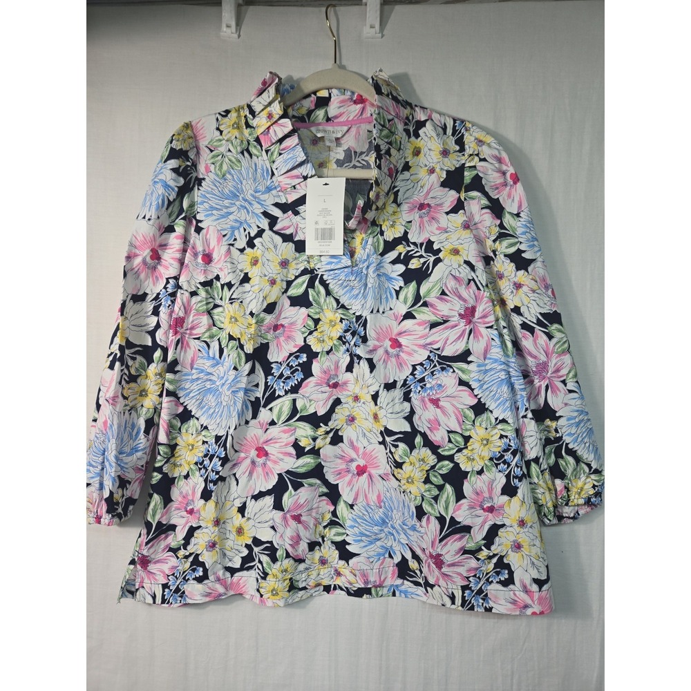 NWT Crown & Ivy Women's L‎ Navy Bloom Blouse Floral Cotton Pleats 3/4 Balloon SL